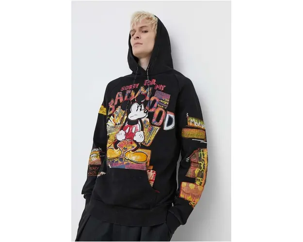 Desigual hanorac de bumbac MICKEY BAD MOOD barbati, culoarea negru, cu gluga, cu imprimeu, 24SMSK15