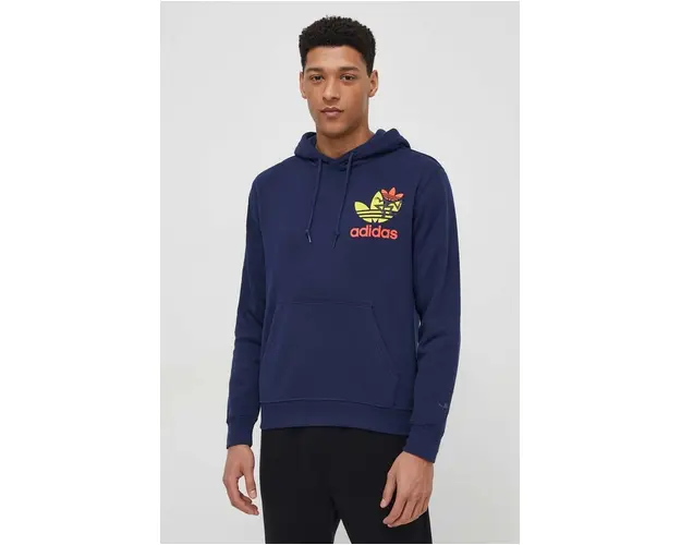 adidas Originals hanorac de bumbac barbati, culoarea bleumarin, cu gluga, cu imprimeu IM9682