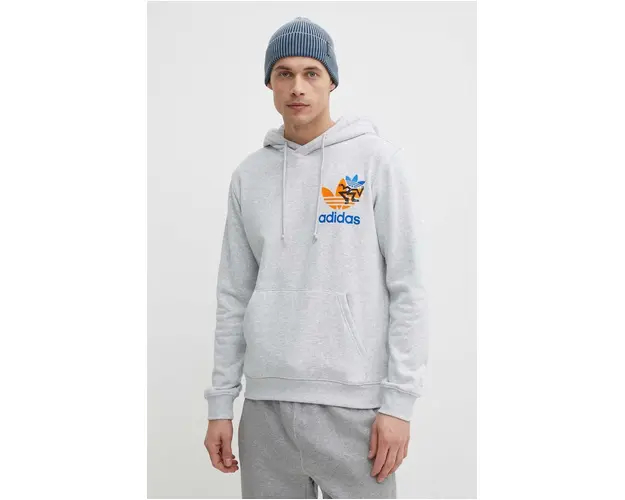 adidas Originals hanorac de bumbac barbati, culoarea gri, cu gluga, cu imprimeu IS2913