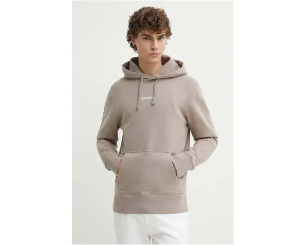 Superdry hanorac de bumbac barbati, culoarea bej, cu gluga, cu imprimeu