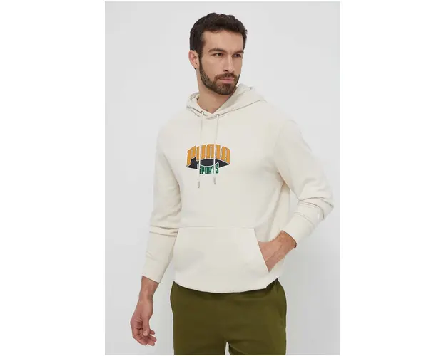 Puma hanorac de bumbac barbati, culoarea bej, cu gluga, imprimeu, 624396