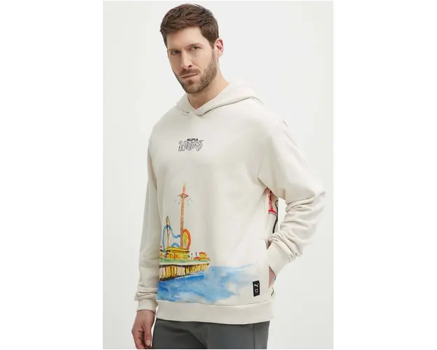 Puma hanorac de bumbac barbati, culoarea bej, cu gluga, imprimeu, 624735