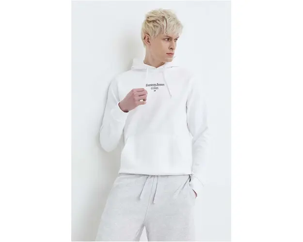 Tommy Jeans hanorac de bumbac barbati, culoarea alb, cu gluga, imprimeu DM0DM18610