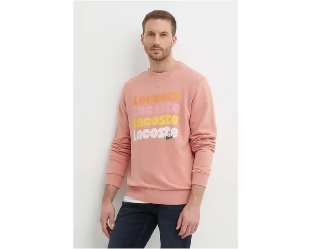 Lacoste hanorac de bumbac barbati, culoarea roz, cu imprimeu
