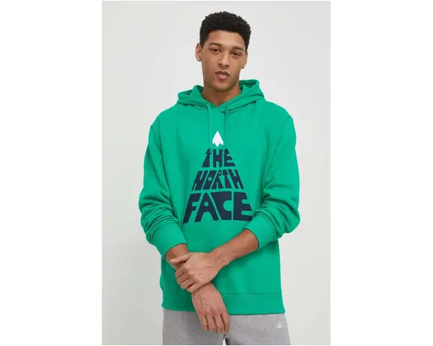 The North Face hanorac de bumbac barbati, culoarea verde, cu gluga, cu imprimeu