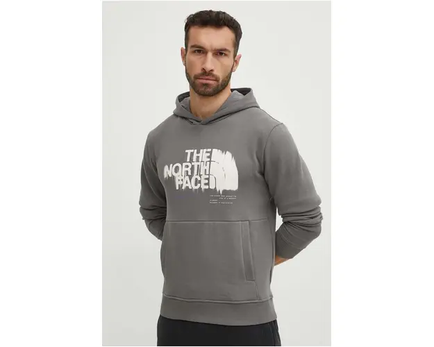 The North Face hanorac de bumbac barbati, culoarea gri, cu gluga, cu imprimeu, NF0A87ET0UZ1