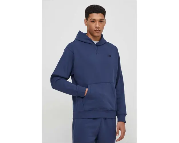 New Balance hanorac de bumbac barbati, culoarea albastru marin, cu gluga, cu imprimeu