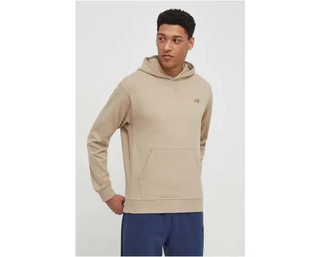 New Balance hanorac de bumbac barbati, culoarea bej, cu gluga, neted