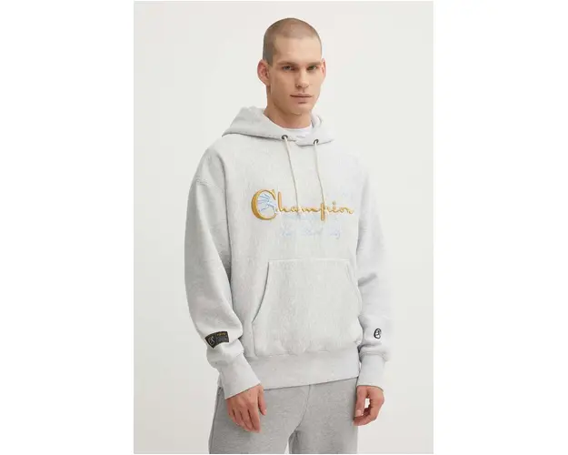 Champion bluza barbati, culoarea gri, cu gluga, cu imprimeu, 219997