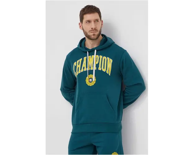 Champion bluza barbati, culoarea verde, cu gluga, cu imprimeu 219830