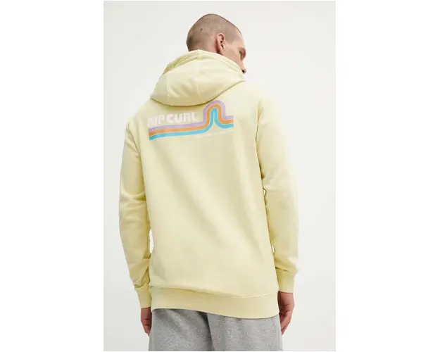 Rip Curl hanorac de bumbac barbati, culoarea galben, cu gluga, cu imprimeu
