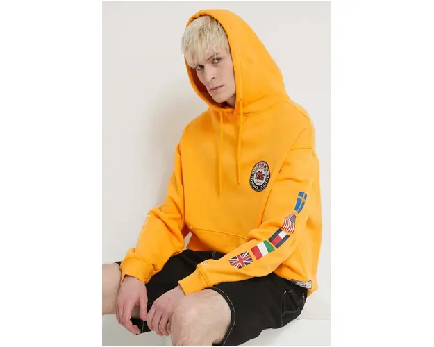 Tommy Jeans hanorac de bumbac Archive Games barbati, culoarea galben, cu gluga, imprimeu, DM0DM19544