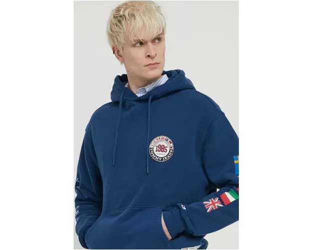 Tommy Jeans hanorac de bumbac Archive Games barbati, culoarea bleumarin, cu gluga, imprimeu, DM0DM19544