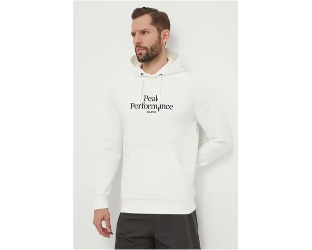 Peak Performance bluza barbati, culoarea alb, cu gluga, cu imprimeu