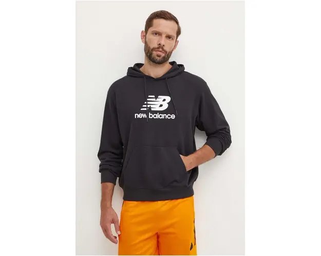 New Balance bluza Sport Essentials barbati, culoarea negru, cu gluga, cu imprimeu, MT41501BK