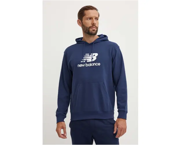 New Balance bluza Sport Essentials barbati, culoarea albastru marin, cu gluga, cu imprimeu, MT41501NNY