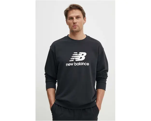 New Balance bluza Stacked Logo French barbati, culoarea negru, cu imprimeu, MT41500BK