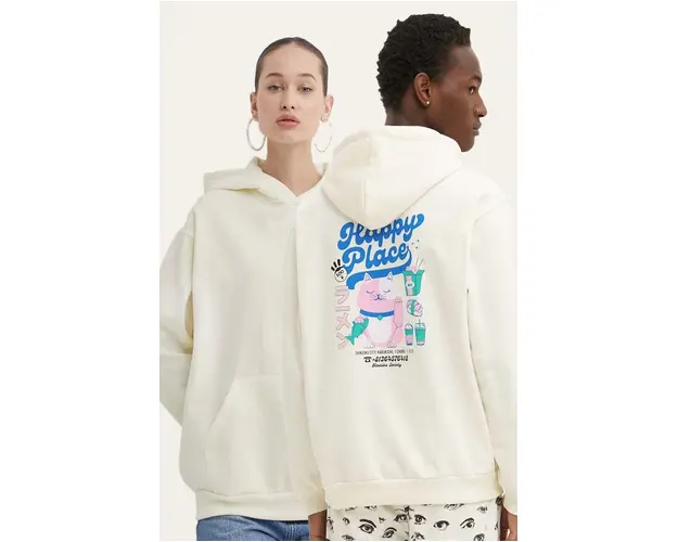 Kaotiko bluza culoarea bej, cu gluga, cu imprimeu