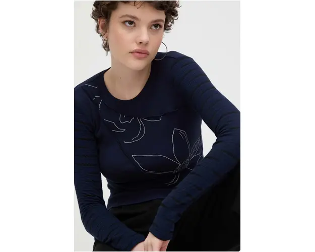Desigual longsleeve femei, culoarea albastru marin