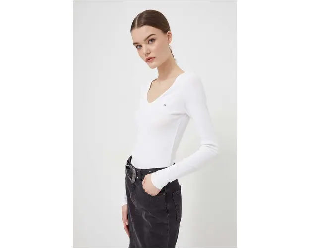 Tommy Jeans longsleeve femei, culoarea alb DW0DW17990