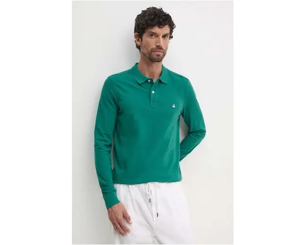 United Colors of Benetton longsleeve din bumbac culoarea verde, neted