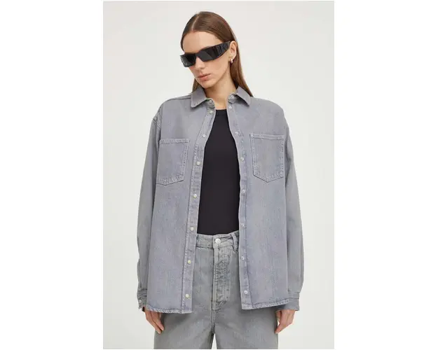 Samsoe Samsoe camasa jeans femei, culoarea gri, cu guler clasic, relaxed