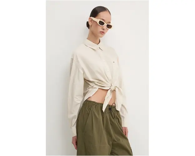 Tommy Jeans camasa femei, culoarea bej, cu guler clasic, regular, DW0DW17520