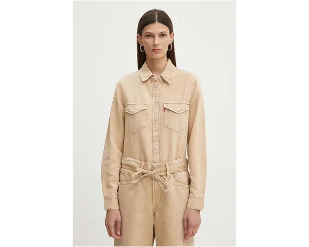 Levi's camasa jeans femei, culoarea bej, cu guler clasic, regular