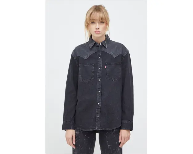 Levi's camasa jeans femei, culoarea negru, cu guler clasic, regular