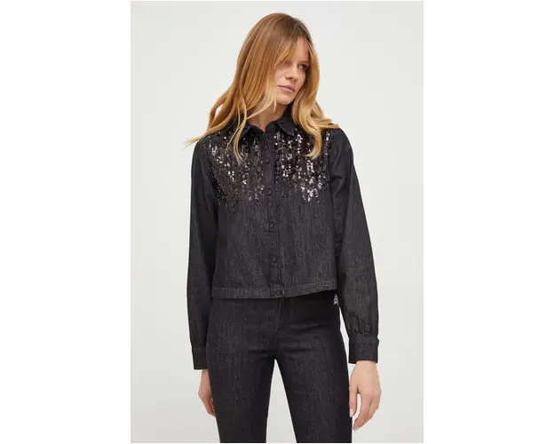 Karl Lagerfeld camasa jeans femei, culoarea negru, cu guler clasic, regular