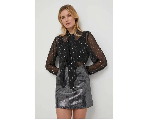 Sisley camasa femei, culoarea negru, cu un decolteu legat, regular