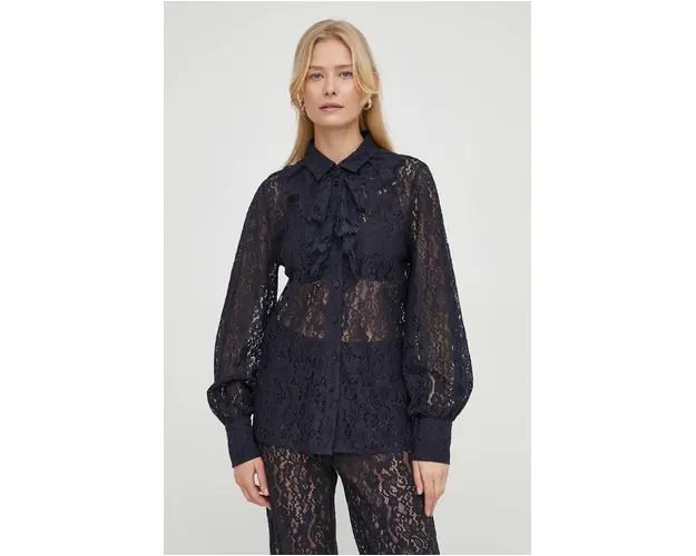 Bruuns Bazaar camasa femei, culoarea albastru marin, cu guler clasic, regular