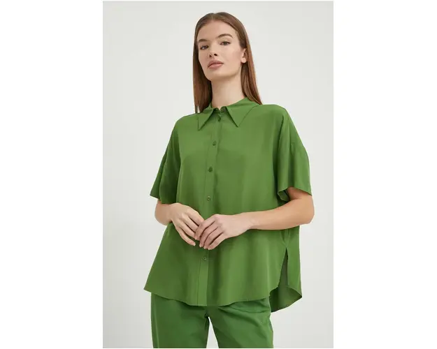 United Colors of Benetton camasa femei, culoarea verde, cu guler clasic, relaxed