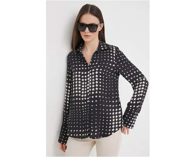 Sisley camasa femei, culoarea negru, cu guler clasic, regular