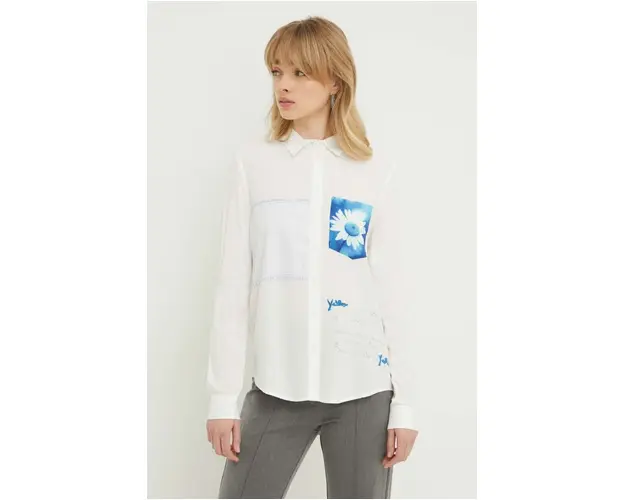 Desigual camasa femei, culoarea bej, cu guler clasic, regular