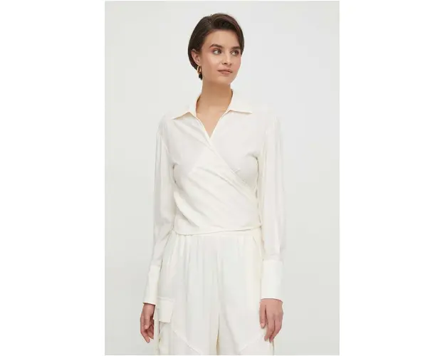 Sisley bluza femei, culoarea bej, cu guler clasic, regular