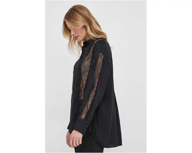 Sisley camasa femei, culoarea negru, cu guler clasic, regular