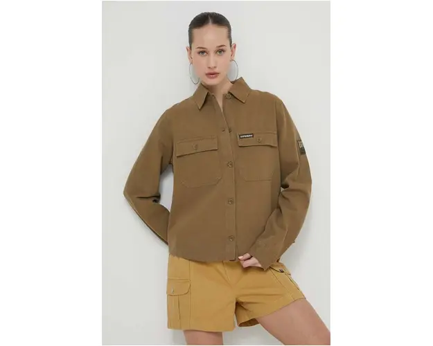 Superdry camasa din bumbac femei, culoarea verde, cu guler clasic, relaxed
