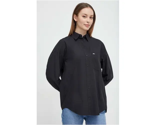 Tommy Jeans camasa din bumbac femei, culoarea negru, cu guler clasic, relaxed DW0DW17803