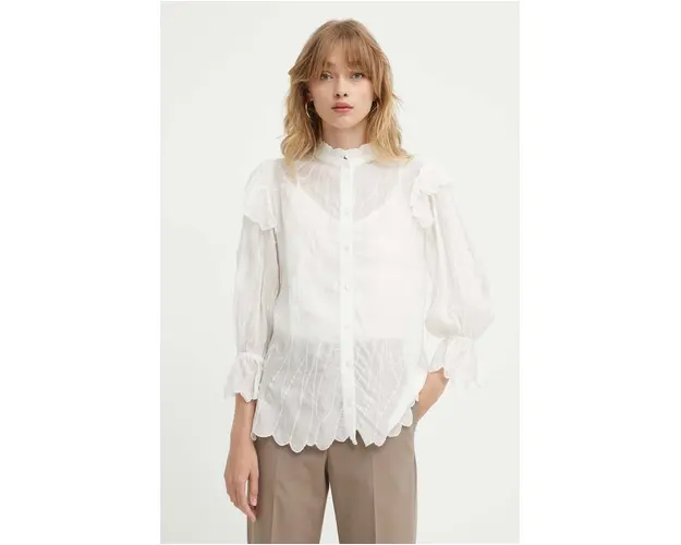 Bruuns Bazaar camasa CyperusBBCaro shirt femei, culoarea alb, cu guler stand-up, regular, BBW3981