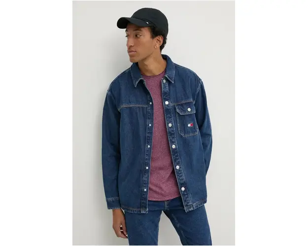Tommy Jeans camasa jeans barbati, culoarea albastru marin, cu guler clasic, relaxed
