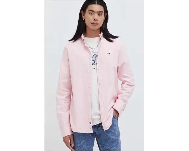 Tommy Jeans camasa din bumbac barbati, culoarea roz, cu guler button-down, regular DM0DM18329