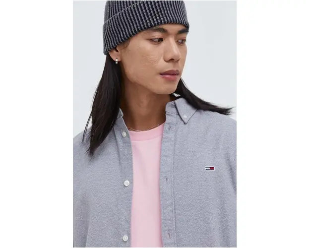 Tommy Jeans camasa din bumbac barbati, culoarea gri, cu guler button-down, regular DM0DM18329