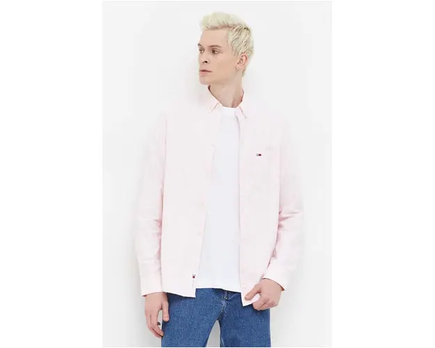 Tommy Jeans camasa din bumbac barbati, culoarea roz, cu guler button-down, regular DM0DM18335