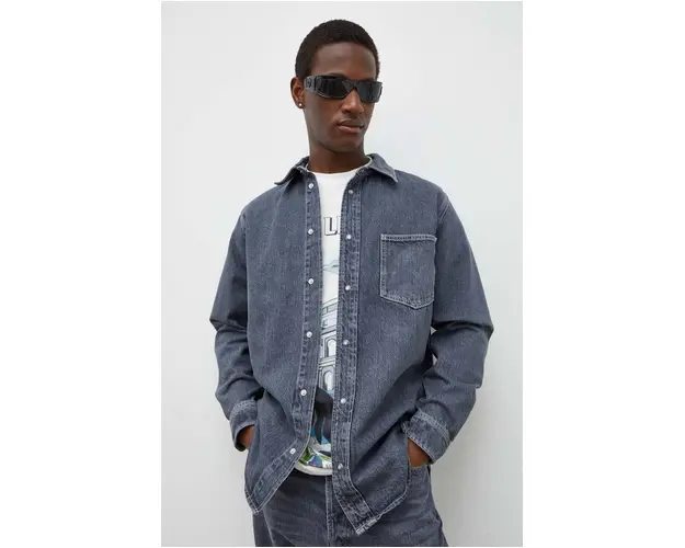 Samsoe Samsoe camasa jeans barbati, culoarea gri, cu guler clasic, regular