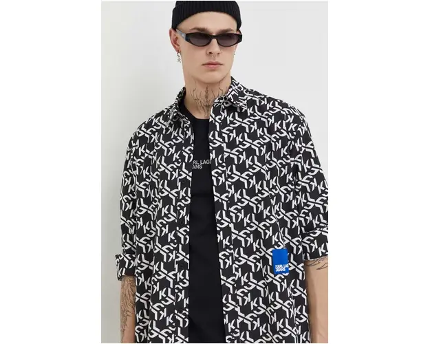 Karl Lagerfeld Jeans camasa din bumbac barbati, culoarea negru, cu guler clasic, relaxed