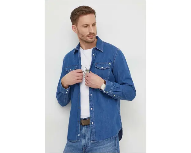 Pepe Jeans camasa barbati, culoarea albastru marin, cu guler clasic, regular