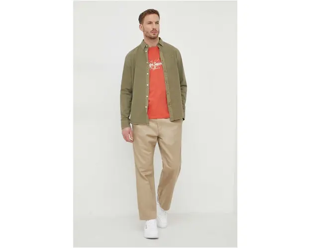 Pepe Jeans camasa din bumbac barbati, culoarea verde, cu guler button-down, regular
