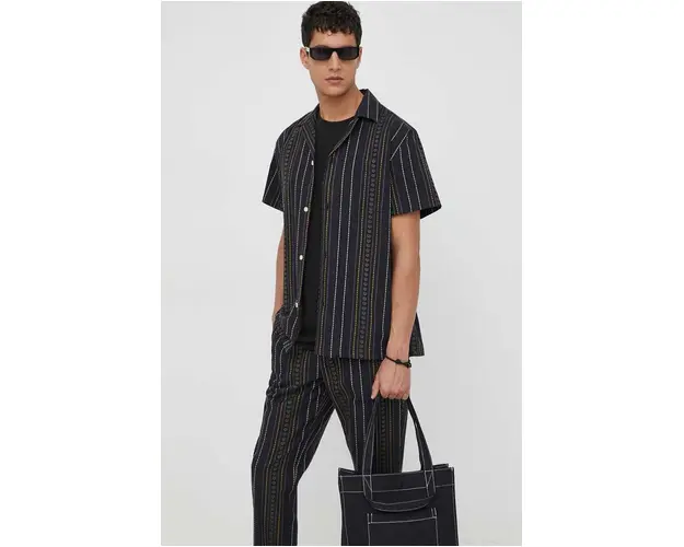 Les Deux camasa din bumbac barbati, culoarea negru, regular