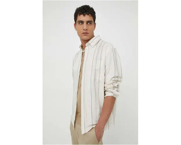 Les Deux camasa din bumbac barbati, culoarea bej, cu guler button-down, regular